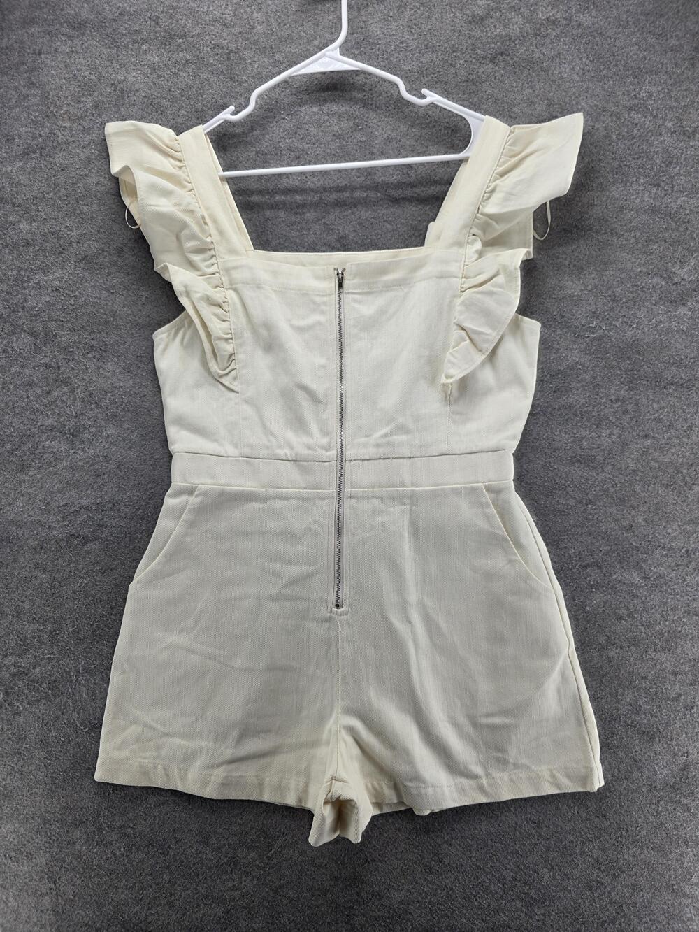 The Post Romper Womens L White One-Piece Square Neck Sleeveless Ruffle Pockets
